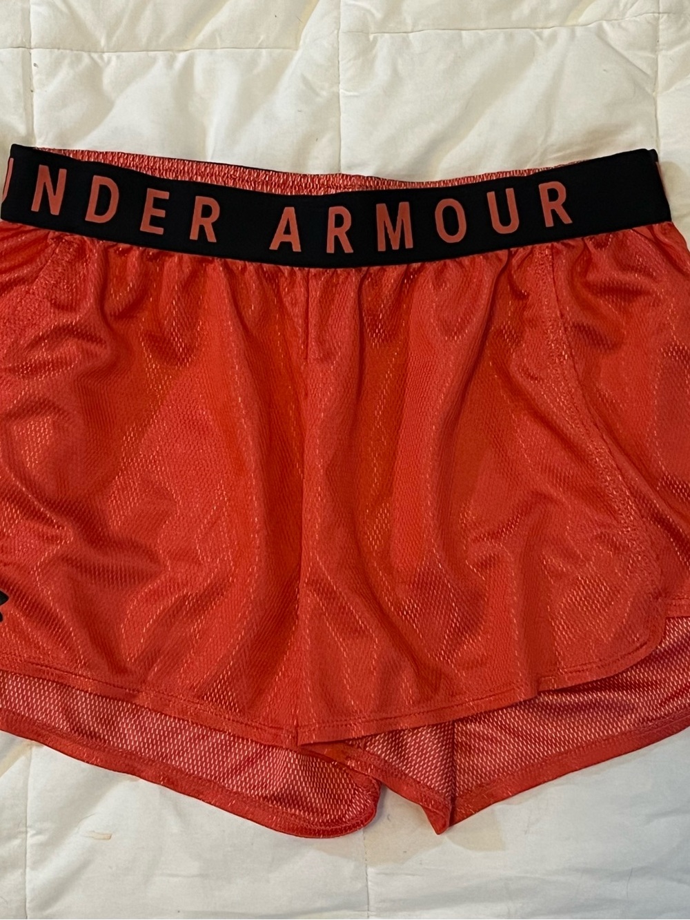 Under Armour Women's Bright Red Mesh Athletic Shorts with Black Logo Waistband